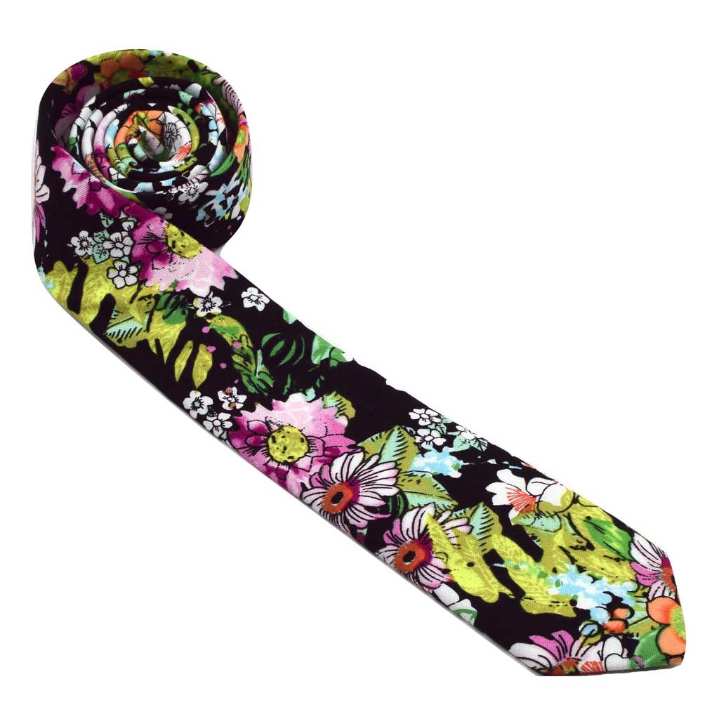 MrShorTie-black-yellow-green-pink-red-cotton-floral-short-tie-necktie-Zane